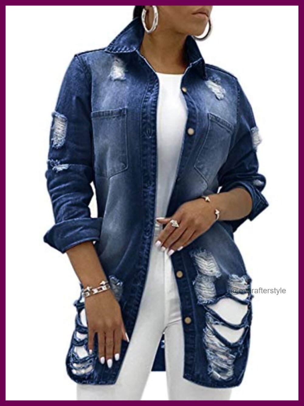 Classic Long Sleeve Ripped Denim Trucker Jacket Loose Fit Utility Pockets